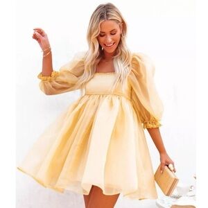 Vici Selkie Style Puff Sleeve Babydoll Mini Dress Pale Yellow Square Neck Large
